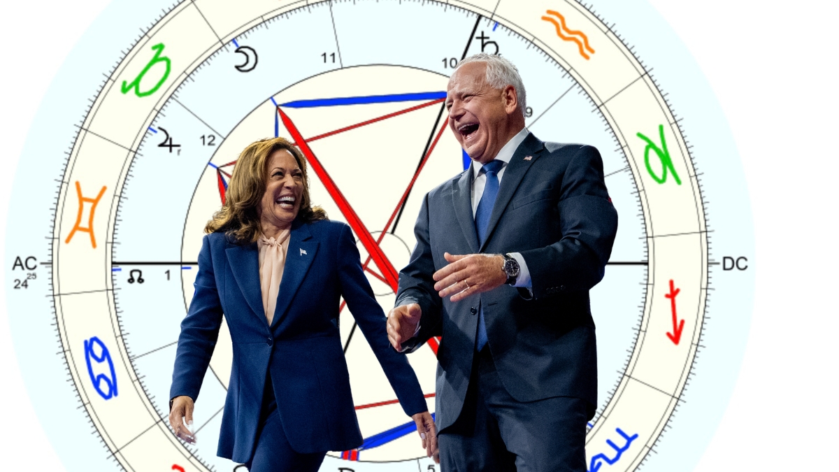 Kamala Harris and Tim Walz overlaid on top of an illustration of an astrological chart