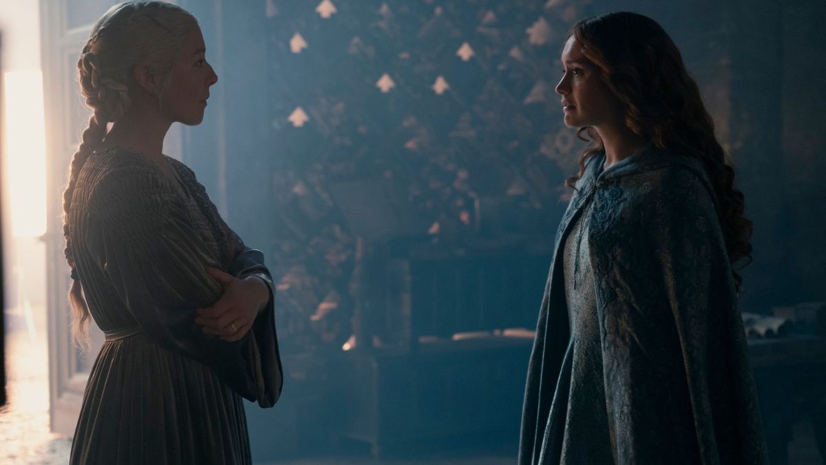 Olivia Cooke as Alicent Hightower and Emma D'Arcy as Rhaenyra Targaryen meet at Dragonstone in House of The Dragon season 2 finale