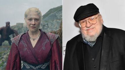 Left: Rhaenyra in House of the Dragon season 2. Right: George R R Martin