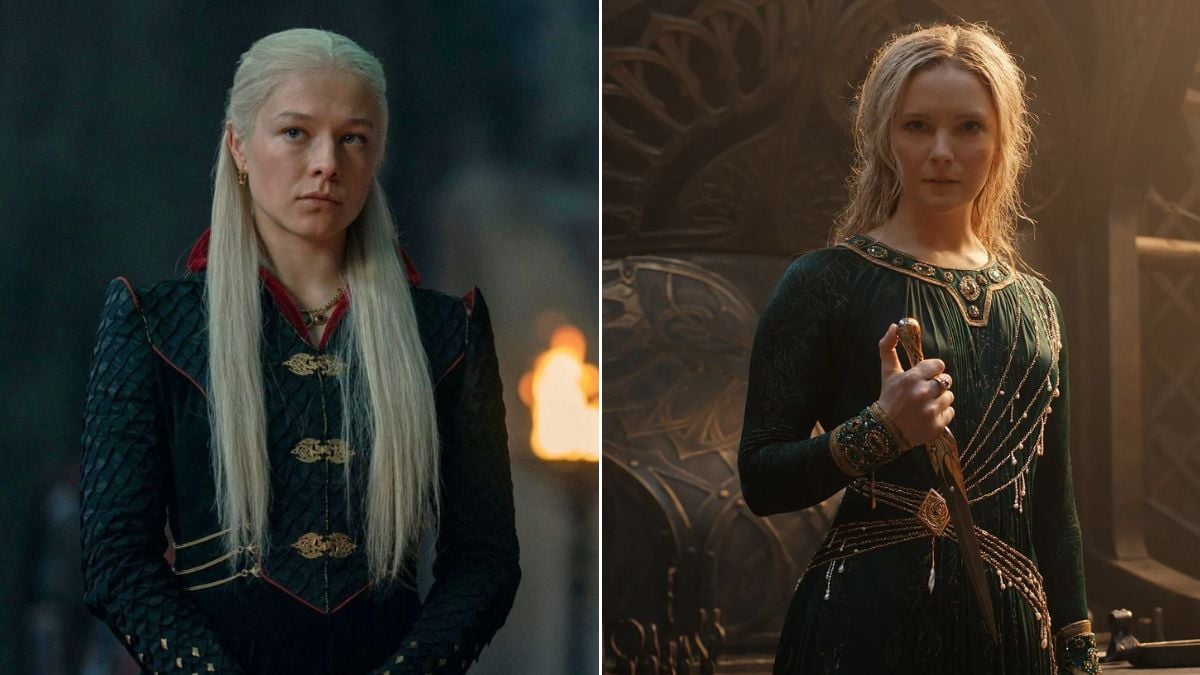 Left: Emma D'Arcy as Rhaenyra in House of Thr Dragon. Right: Morfydd Clark as Galadriel in The Rings of Power