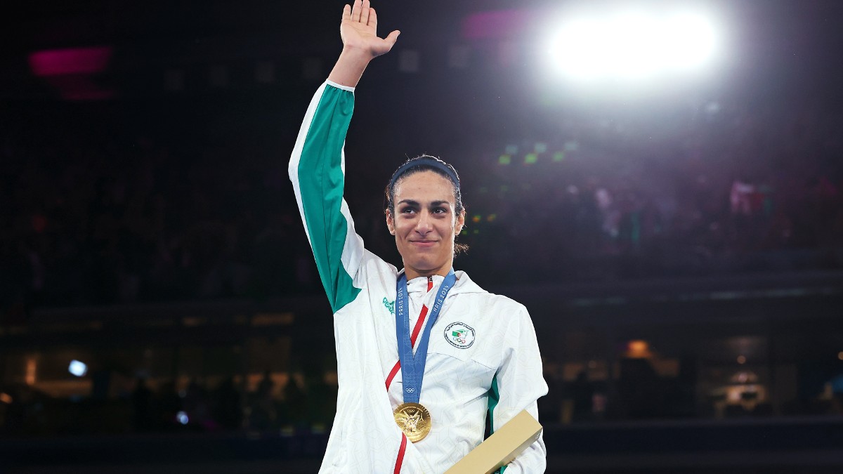 Imane Khelif on the podium at the 2024 Paris Olympics