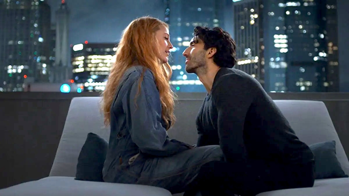 Blake Lively as Lily Bloom and Justin Baldoni as Ryle Kincaid look into each other's eyes in a scene from It Ends With Us