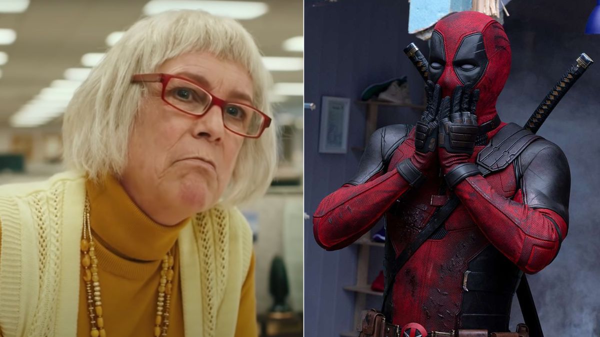 Left: Jamie Lee Curtis in Everything Everywhere All At Once. Right: Ryan Reynolds as Deadpool in Deadpool & Wolverine