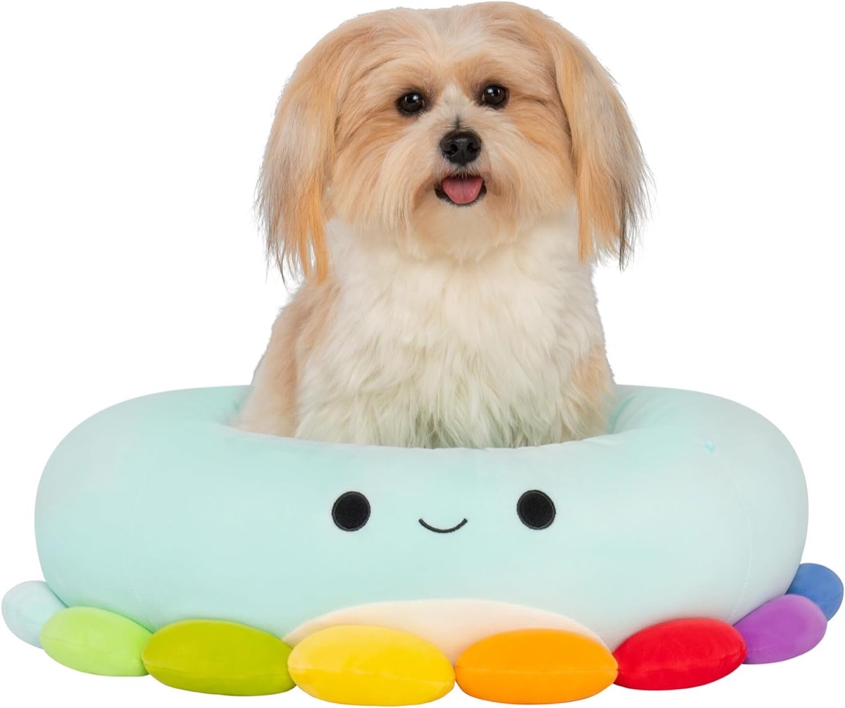 A dog sits in a Jerrika The Octopus Pet Bed