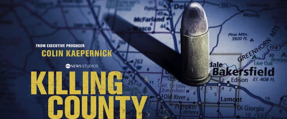 Title card for "Killing County" showing a bullet sitting on a city map