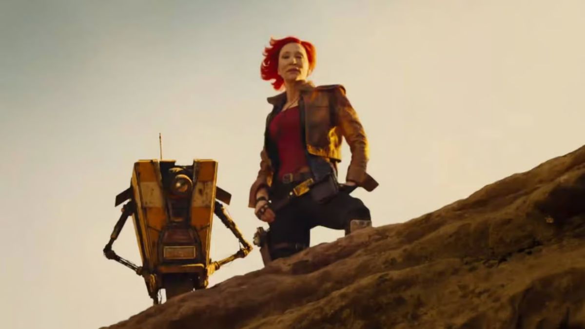 Cate Blanchett as Lilith and Jack Black as the robot Claptrap in Borderlands