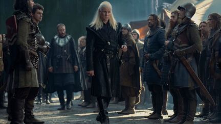 Matt Smith as Daemon Targaryen walks amidst the army of Rivermen at Harrenhal in House of The Dragon