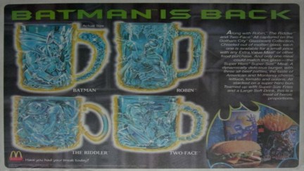 Vintage promotional material for the McDonald's Batman Forever glass mugs