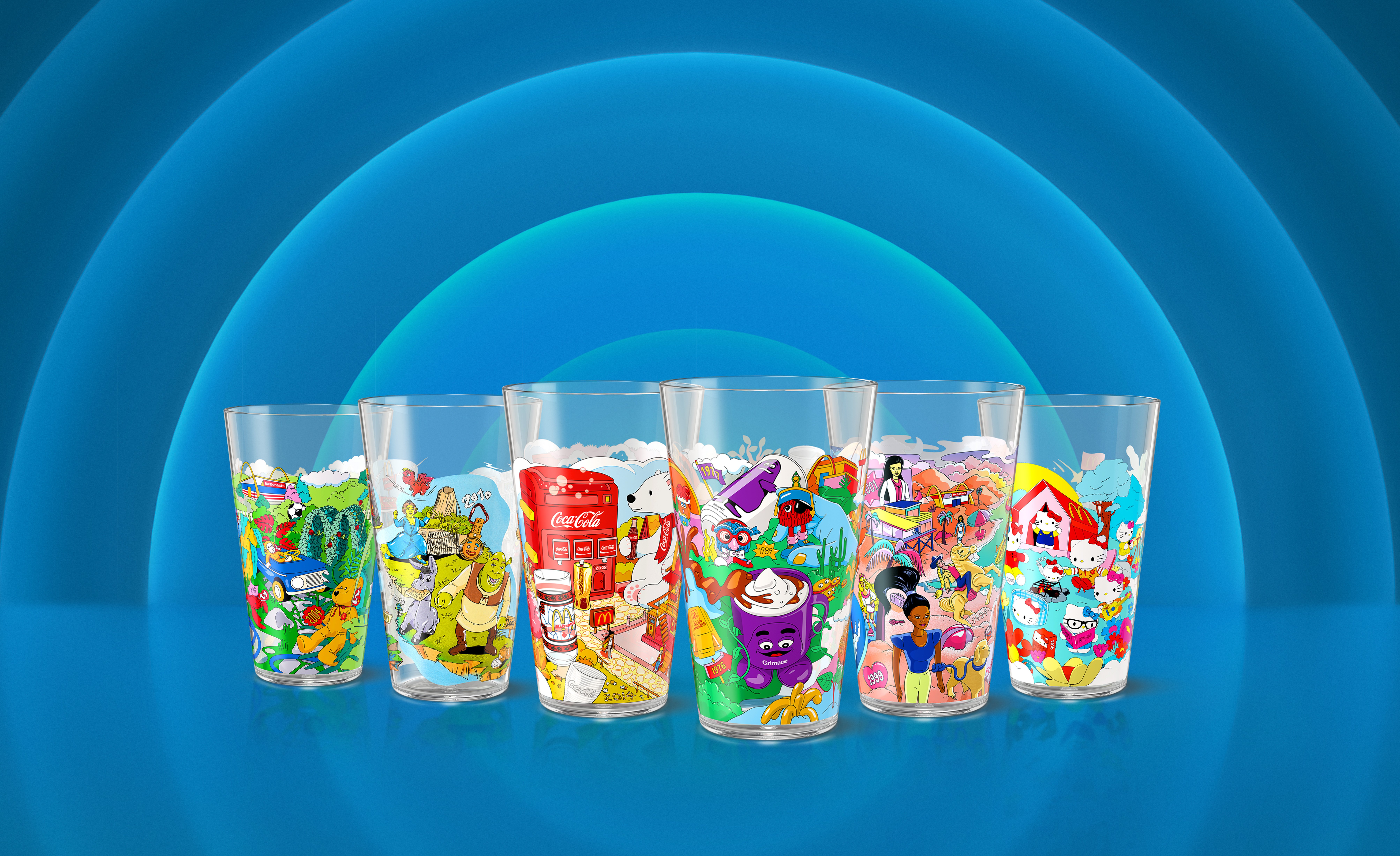 Group shot of the cups from McDonald's 2024 Collector's Meal