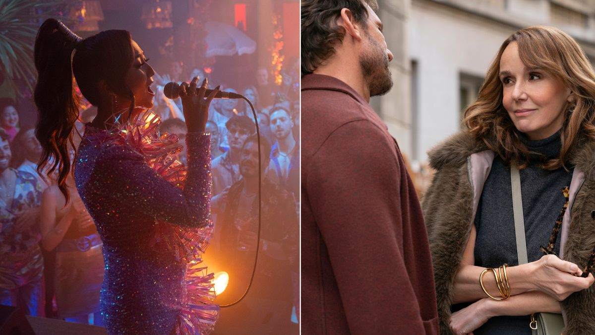 Left: Ashley Park as Mindy Chen singing on stage. Right: Arnaud Binard as Laurent and Philippine Leroy-Beaulieu  Sophie Grateau in Emily in Paris season 4