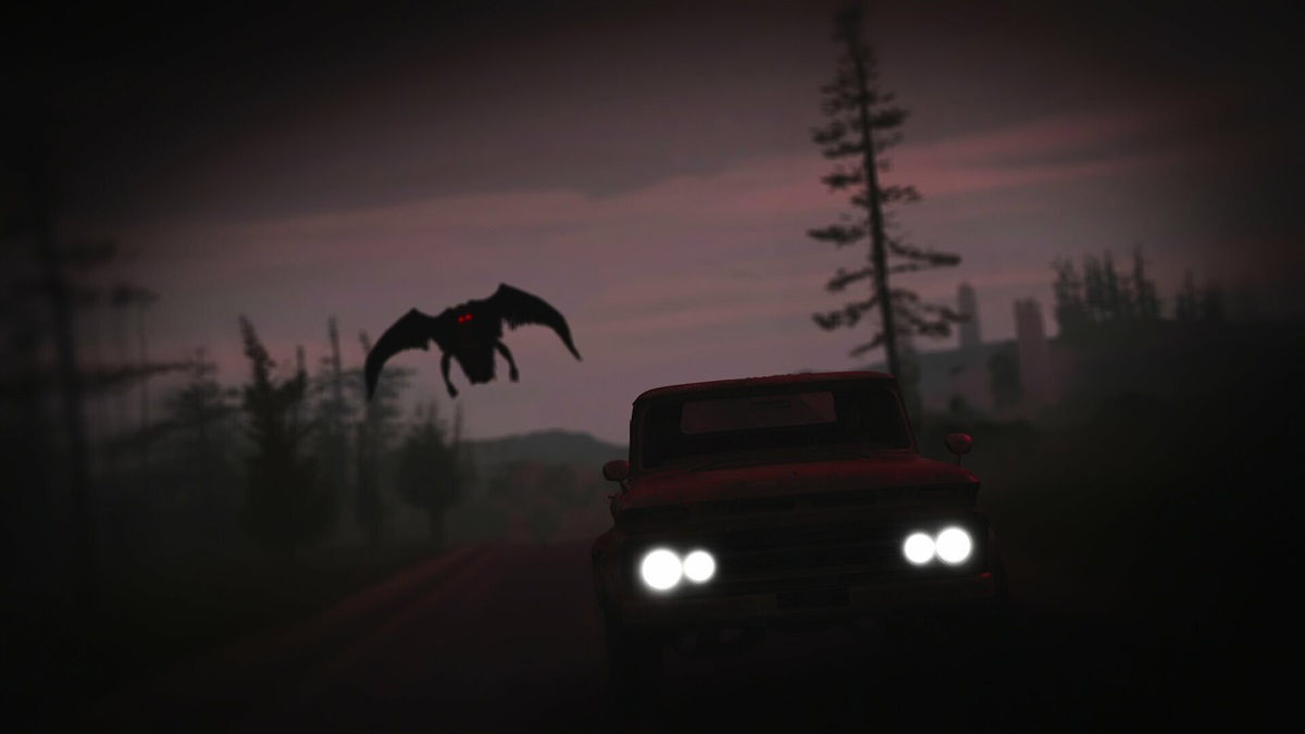 The Mothman flying over a car with its headlights on