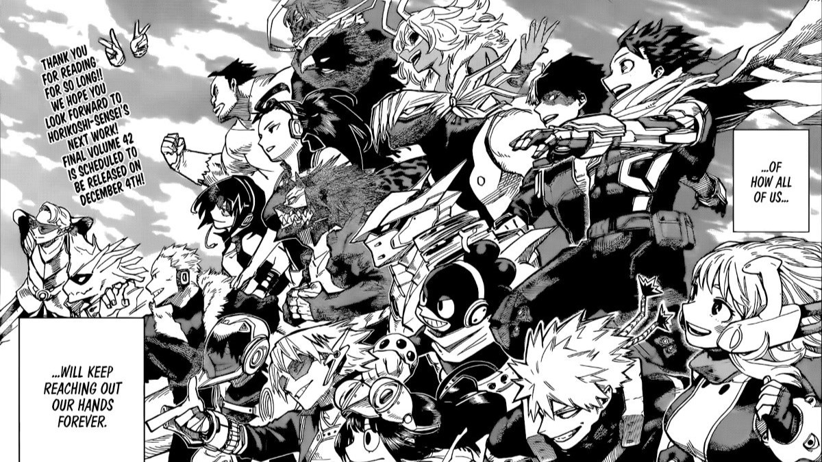 My Hero Academia Chapter 430 last panel of the last chapter of the manga.