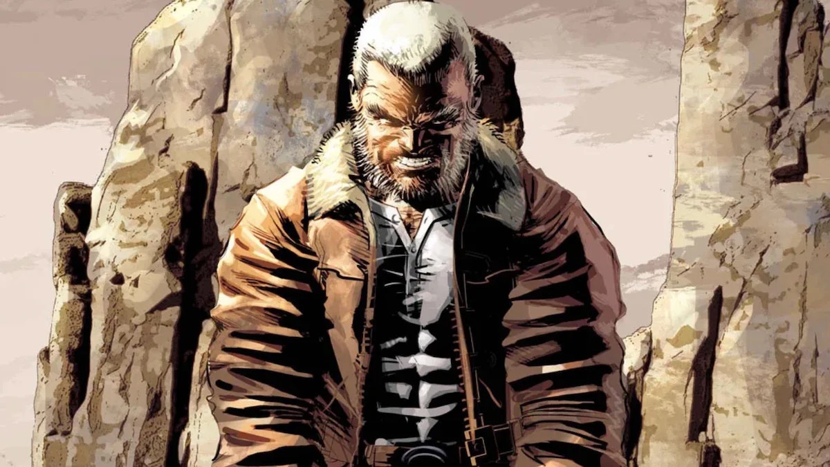 An elderly Wolverine grimaces from "Old Man Logan" 