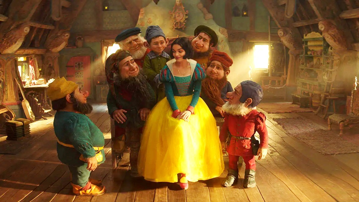 Rachel Zegler as Snow White with the Seven Dwarves in Disney's live-action Snow White