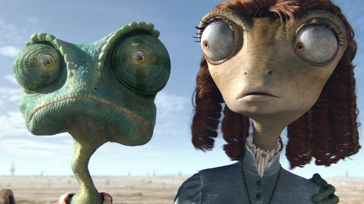 Two animated chameleons give each other side eye in "Rango"