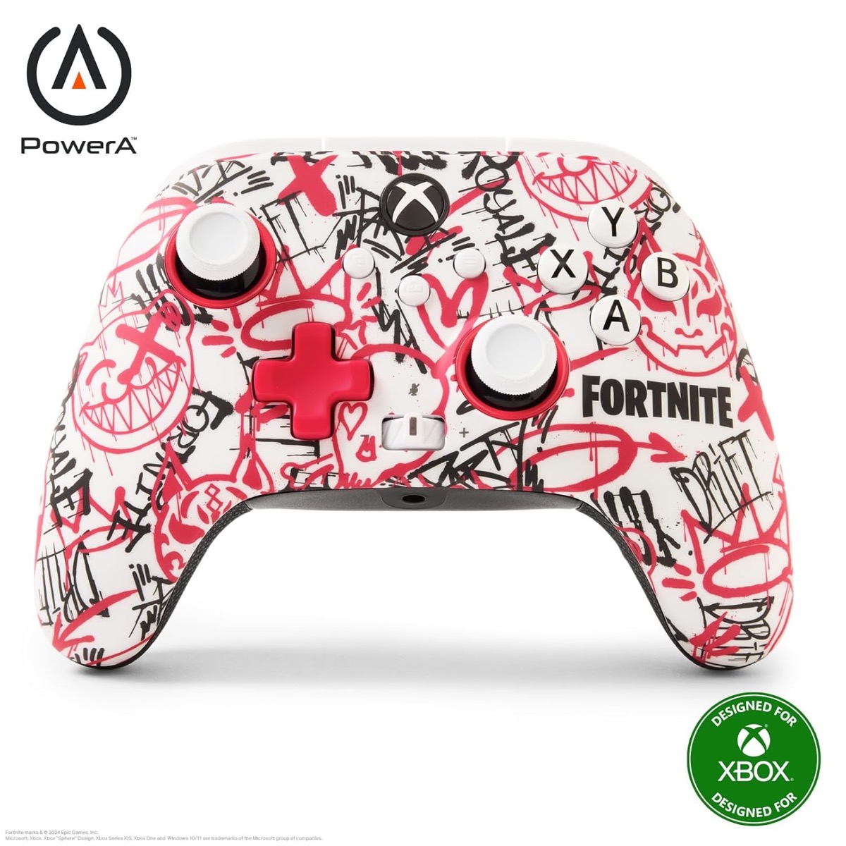 A red videogame controller with "Fortnite" decals