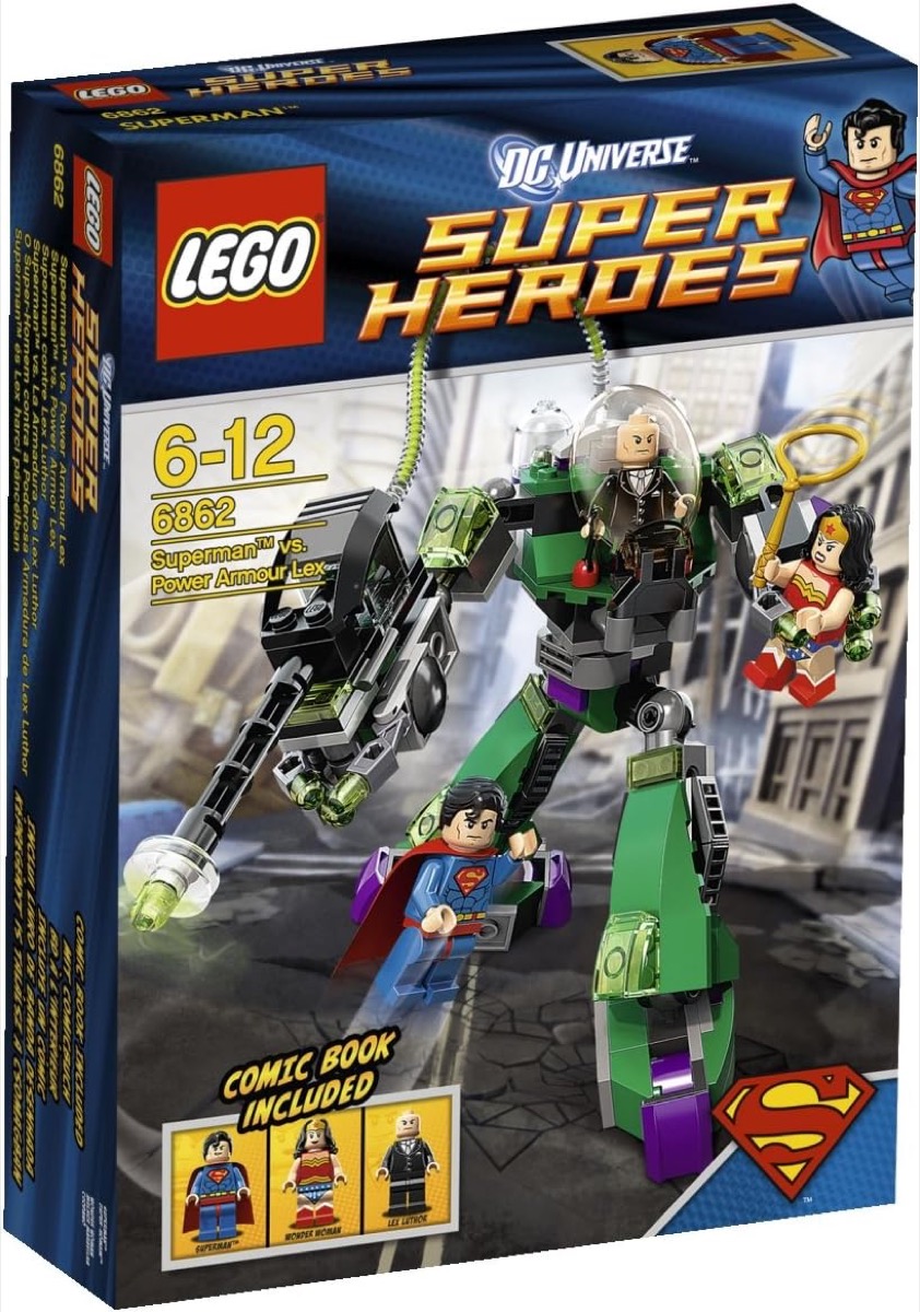 A LEGO set of Superman and Wonder Woman vs Power Armor Lex Luthor