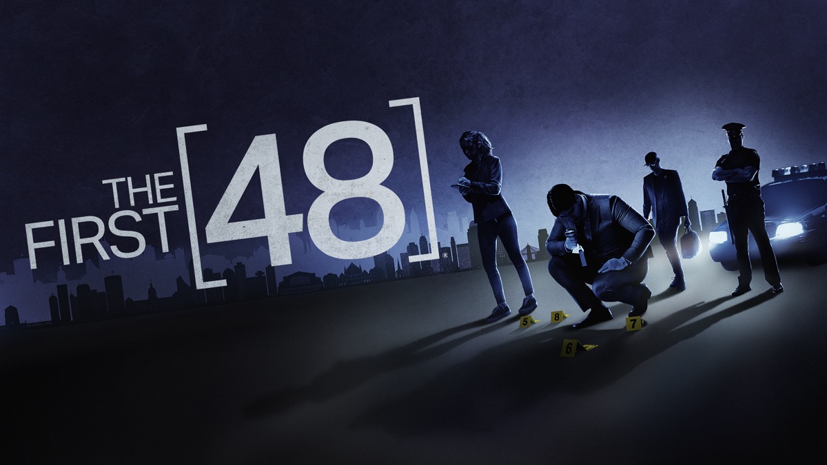 Promo art for "The First 48" showing detectives at a crime scene 