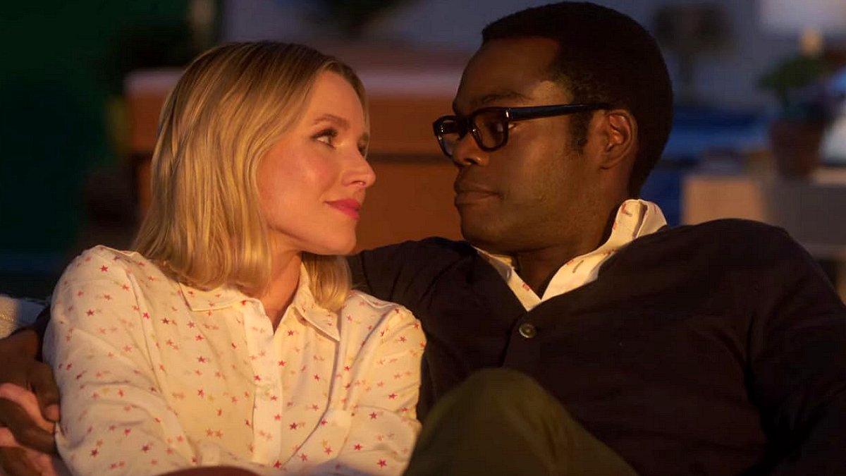 Eleanor (Kristen Bell) and Chidi (William Jackson Harper) in The Good Place