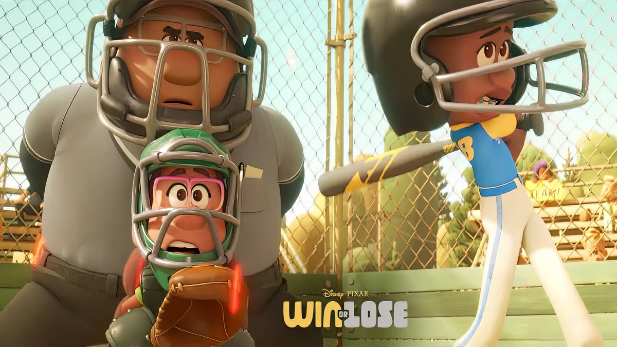 An animated coach stands behind a terrified umpire as another kid swings the bat