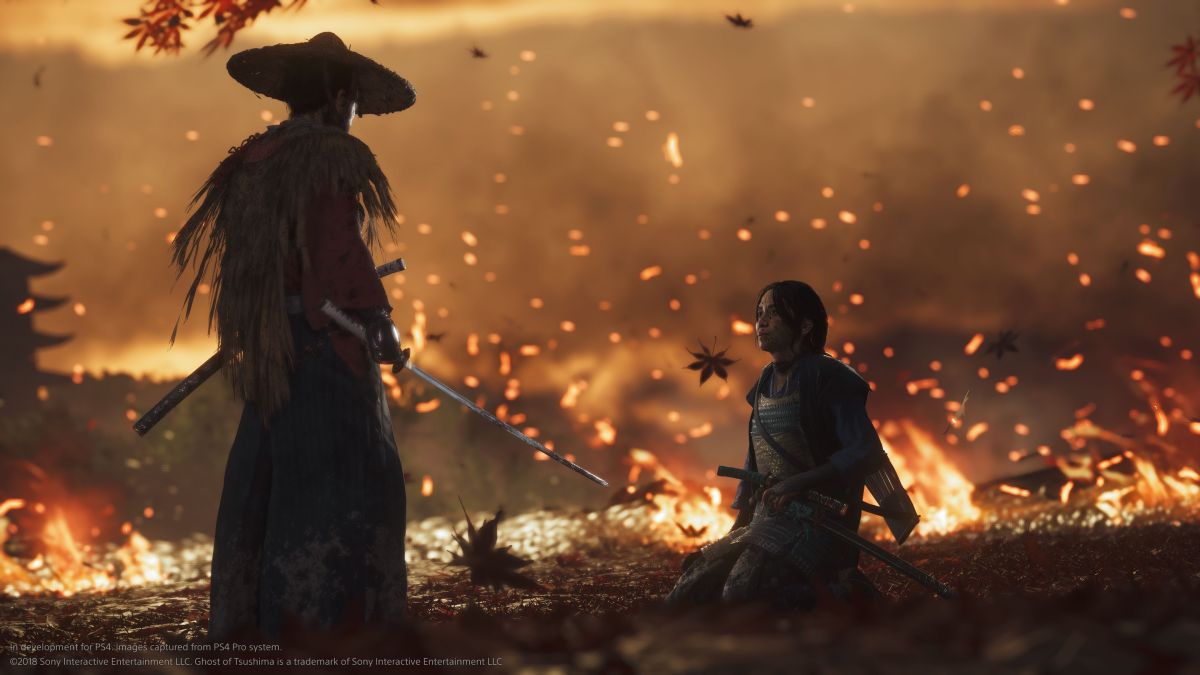 A samurai in front of flames in Ghost of Tsushima