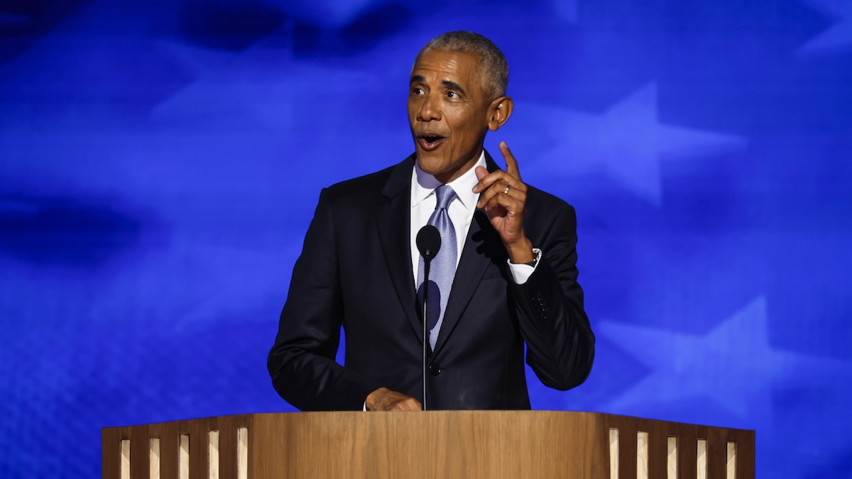 barack obama with his finger pointing at the dnc