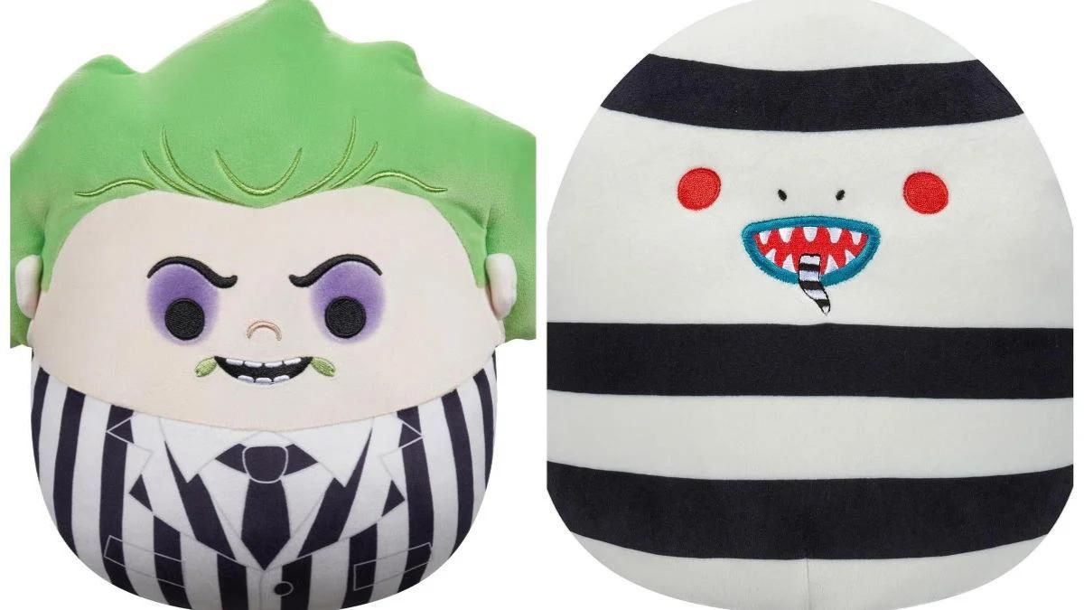 Squishmallows of Beetlejuice and the Sandworm side by side.