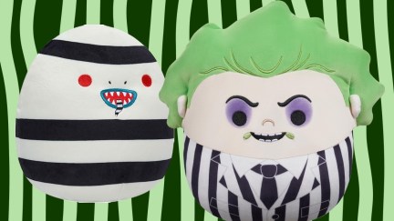 A Beetlejuice and a sandworm squishmallow over a green and black striped background