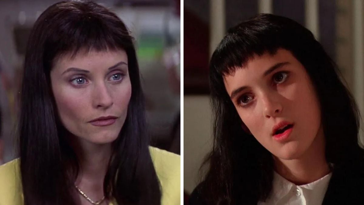 Courteney Cox as Gale Weathers in Scream 3 next to an image of Winona Ryder as Lydia Deetz in Beetlejuice.