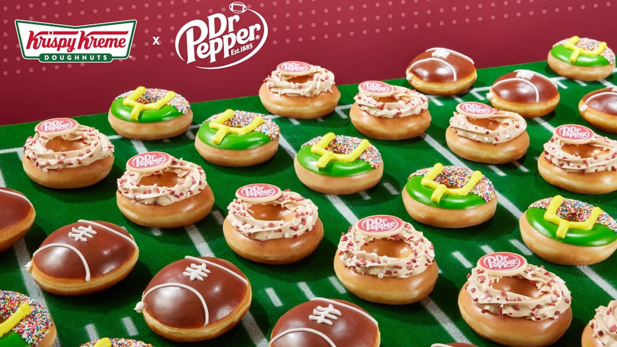 A display of Krispy Kreme football-themed doughnuts