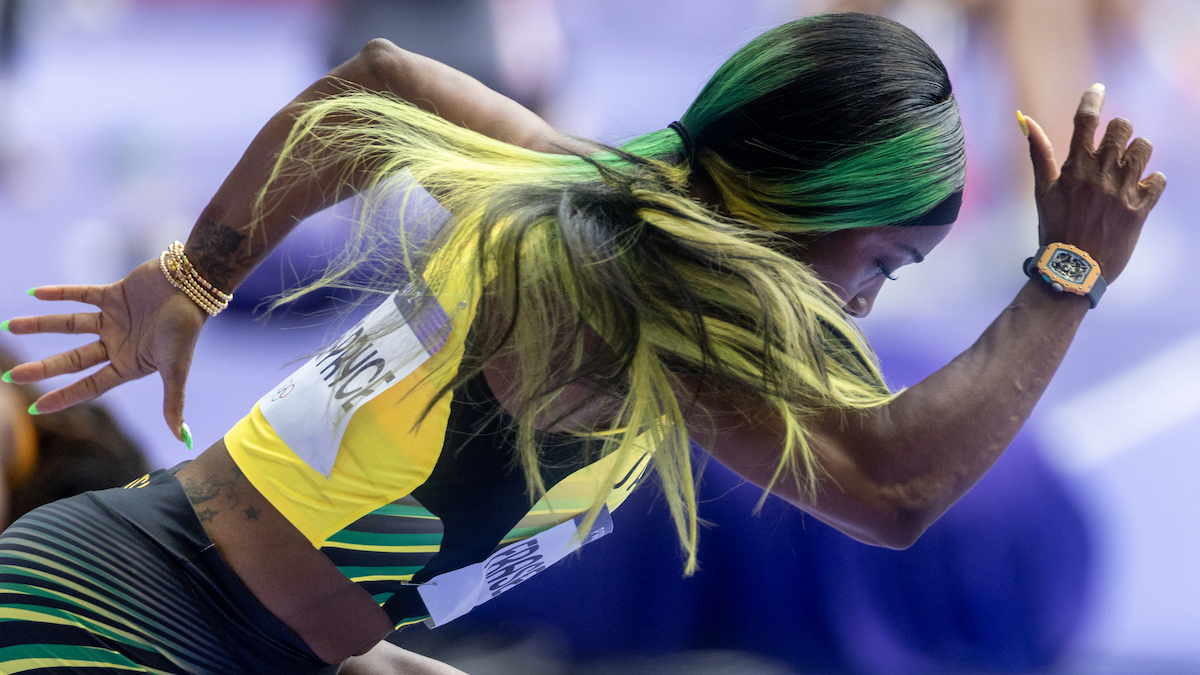 Shelly-Ann Fraser-Pryce of Jamaica prepares for the start of a race.