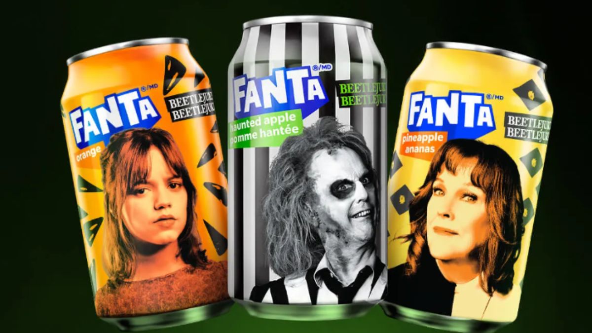 The limited-edition Beetlejuice Haunted Apple Fanta can flanked by Astrid and Delia Deetz's character cans.