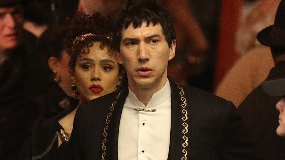 Adam Driver looks concerned in a still from Megalopolis