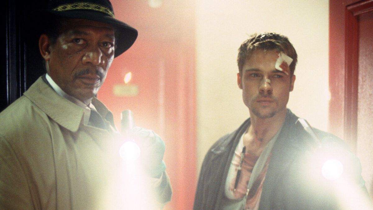 Morgan Freeman and Brad Pitt as William Somerset and David Mills in Seven.