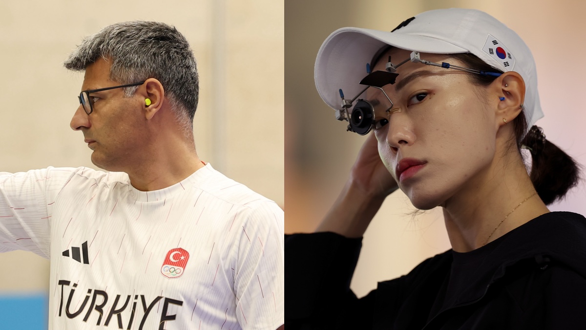 Right: Sharp shooter Kim Yeji of South Korea. Left: Sharp shooter Yusuf Dikec of Turkey at the 2024 Paris Olympics