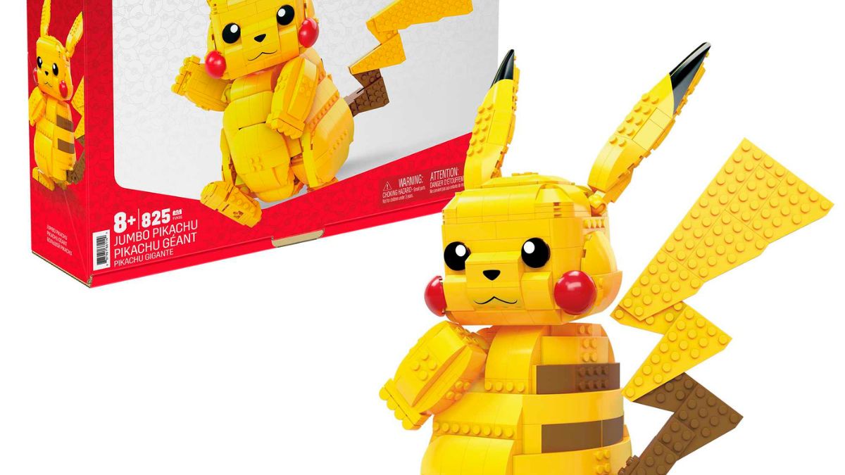 Completed Pikachu Mega building set posed in front of its box.