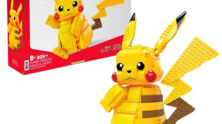 Completed Pikachu Mega building set posed in front of its box.