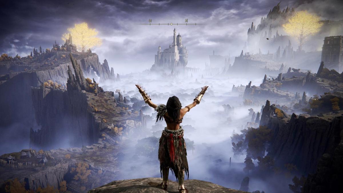 A woman on a high cliff looking out over a foggy landscape in Elden Ring