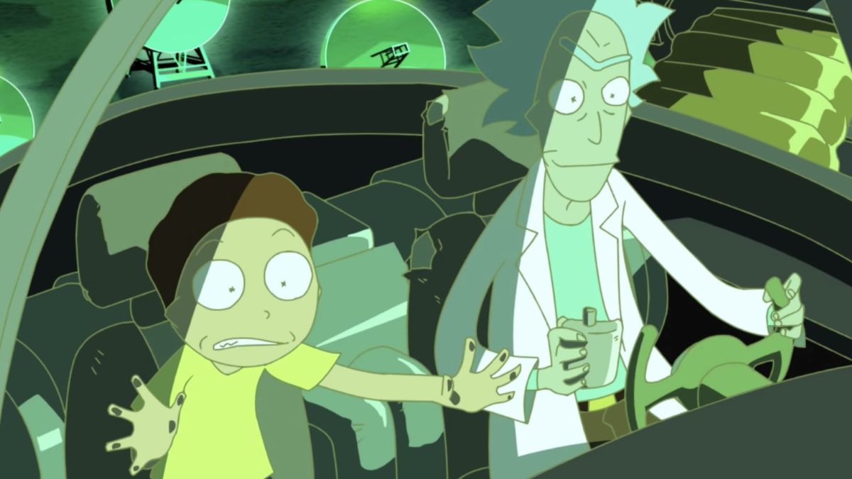 Rick and Morty take off in the spaceship in Rick and Morty: The Anime