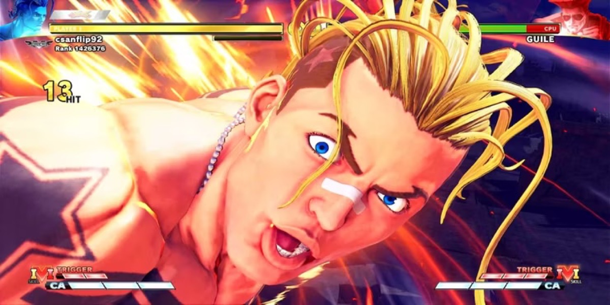 A 90's looking fighter mugs at the camera in "Street Fighter 5: Champion Edition"