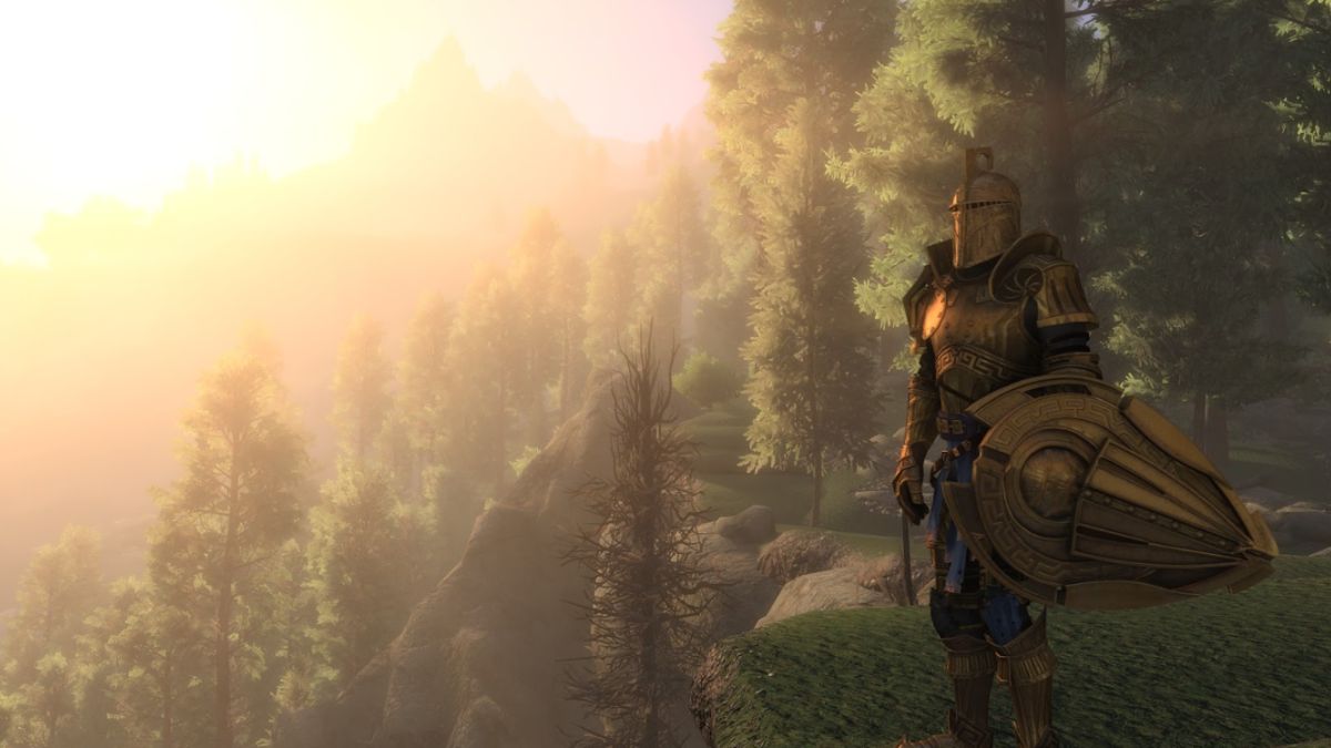 A knight watching the sunset in Skyblivion's remastered Oblivion mod.