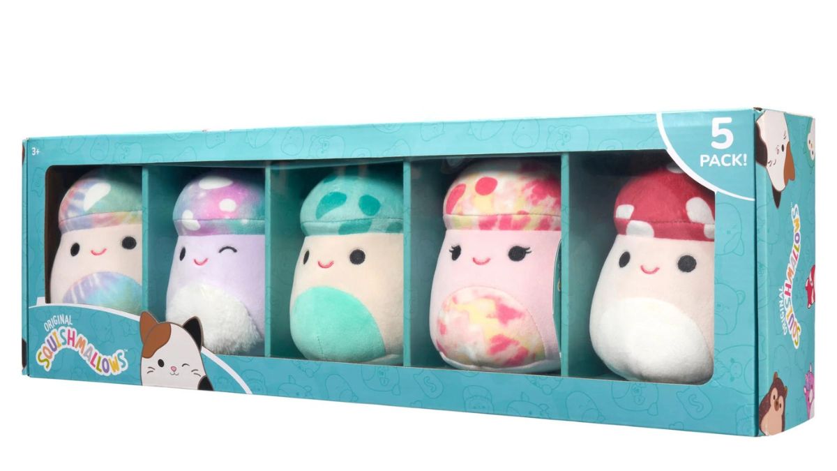 Squishmallow 5-pack featuring colorful 5-inch mushrooms.