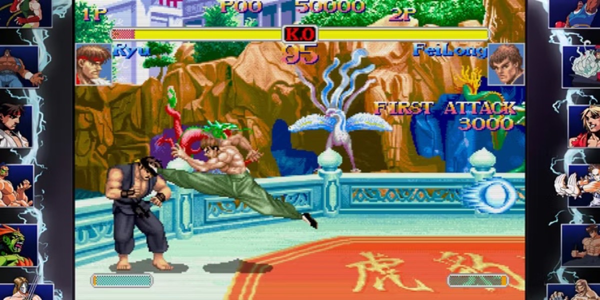 Two fighters whale on each other in "Super Street Fighter 2 Turbo"