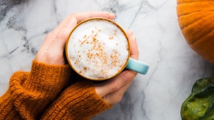 A woman's hands in a cozy sweater hold a mug of coffee.