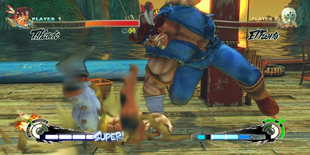 Two fighters clobber each other in "Super Street Fighter 4"