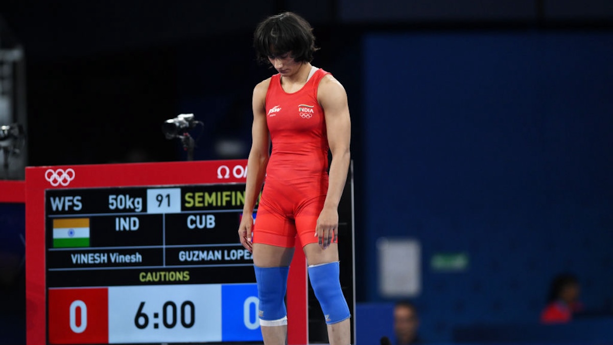 Vinesh Phogat looking dejected at the Paris Olympics.