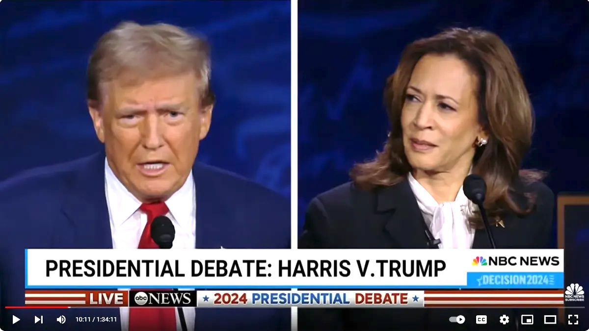 A split screen with Donald Trump on the left and Kamala Harris on the right.