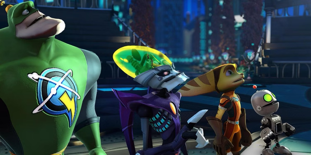 Four sci-fi fighters look up to the sky in "Ratchet and Clank: All For One"