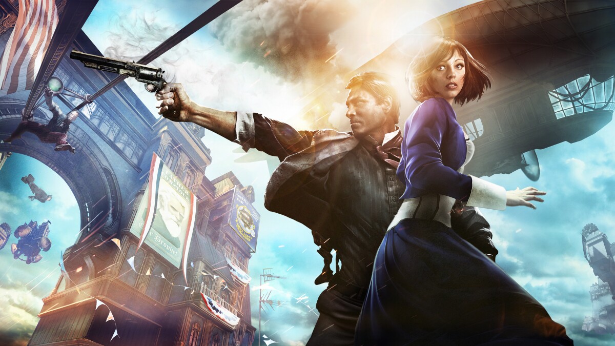 A man with a gun and a woman with a blue dress stand against a blue sky in "Bioshock Infinite" promo art