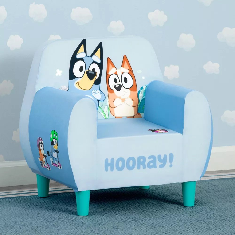 Bluey foam chair in a blue room